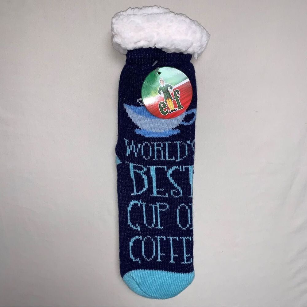 NEW ELF Worlds Best Cup Of Coffee Sherpa Lined Socks Christmas Cozy Winter Warm